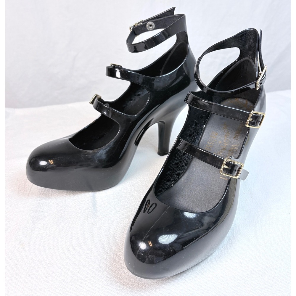 Vivienne Westwood Melissa Black Triple Strap Buckle Mary Jane Jelly High Heel 7